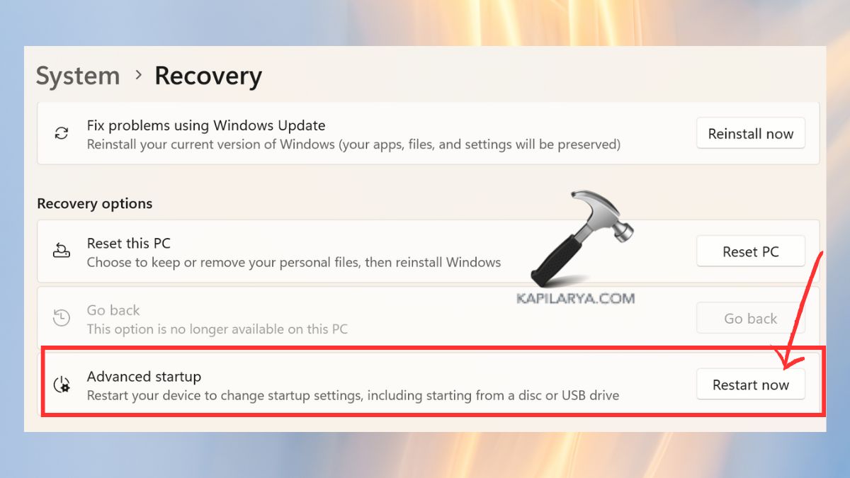 restart now to enter bootable state advanced startup