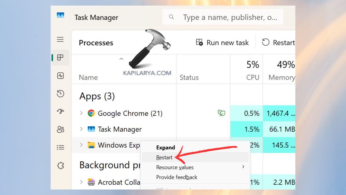restart windows explorer in task manager Fix Out of memory error on Windows 11