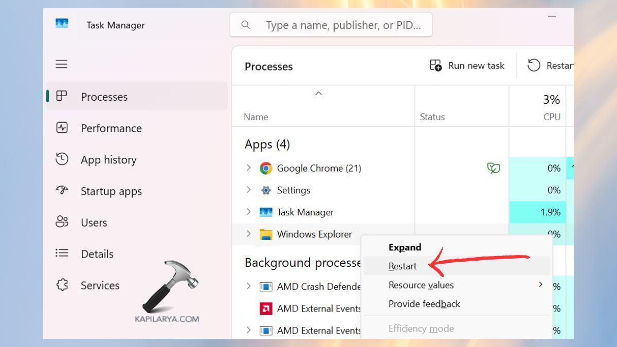restart windows explorer in task manager