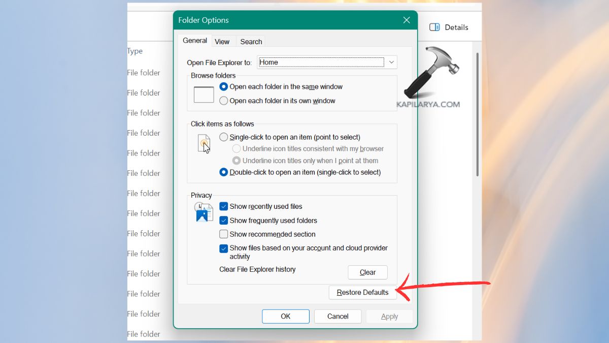 restore defualts in folder options