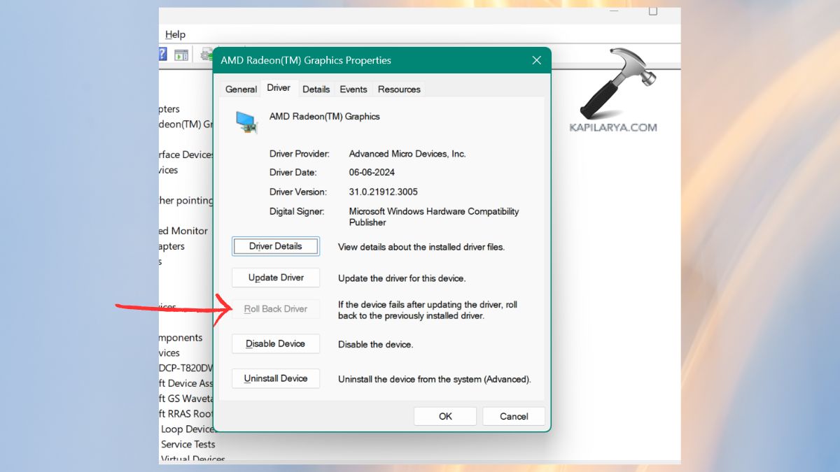 roll back driver in GPU properties