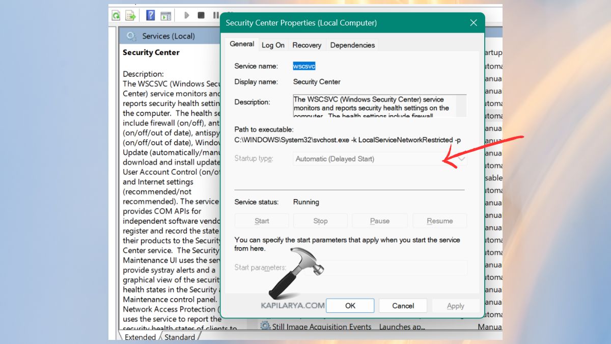 security center properties to fix Windows could not start the Microsoft Defender Antivirus service
