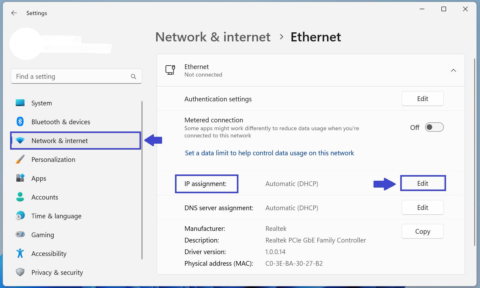 how to change ethernet ip address