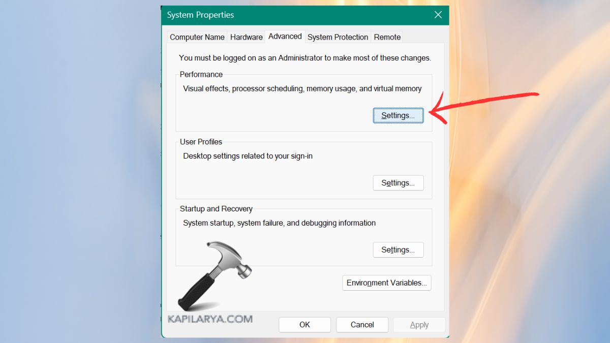settings in performance section system properties
