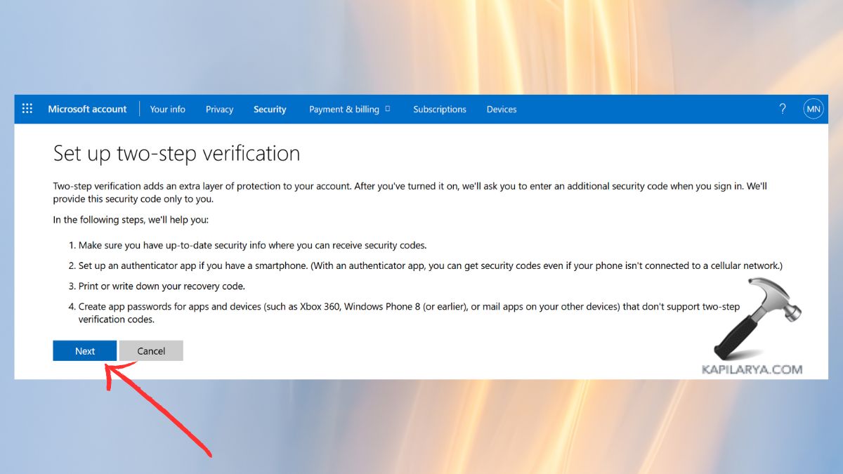 setup two step verification Fix Microsoft Office error code 0xC0070057 on Windows 11/10