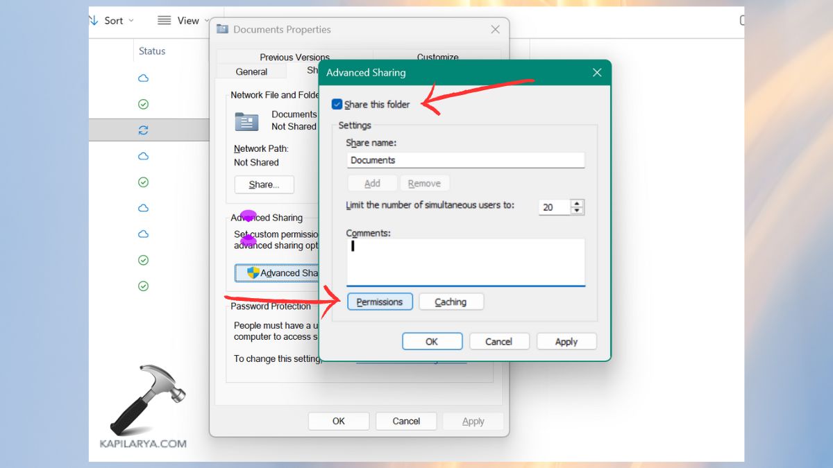 share this folder and permissions option