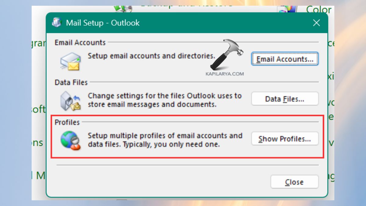 show profiles in mail setup control panel