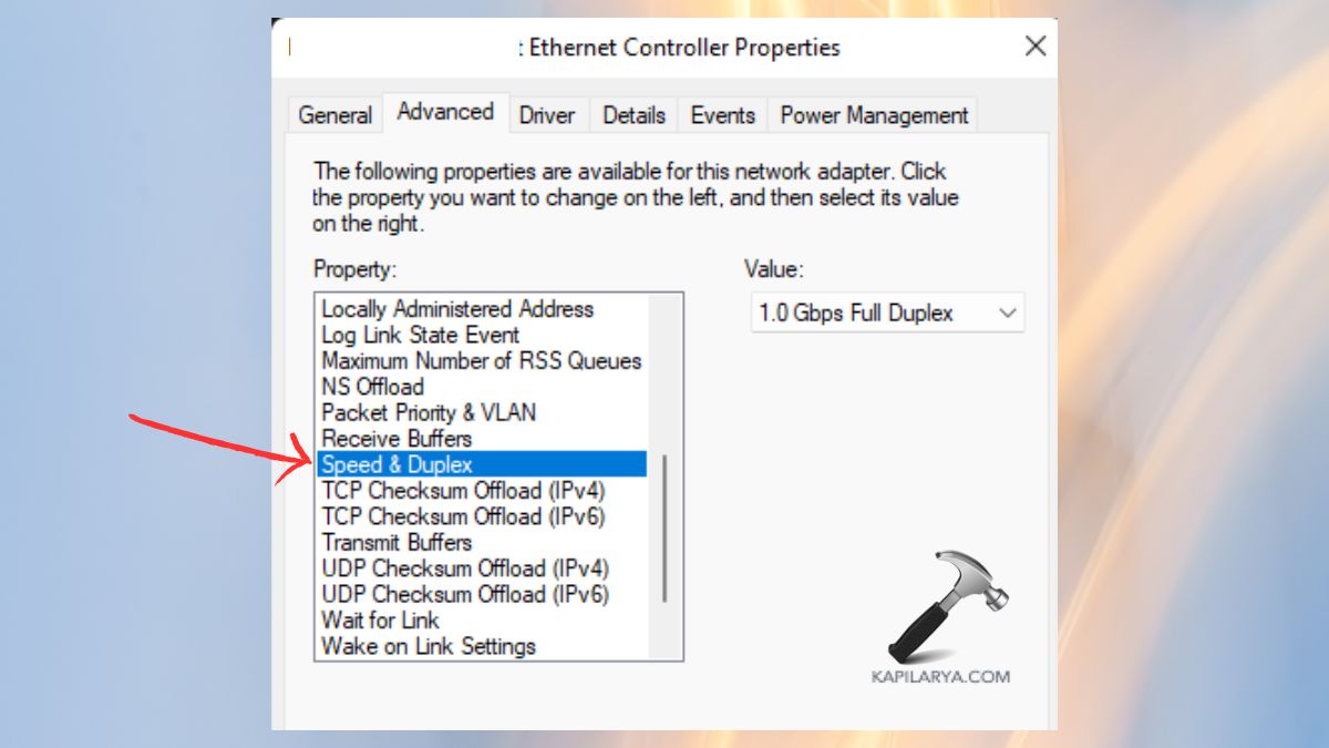 speed and duplex ethernet controller properties