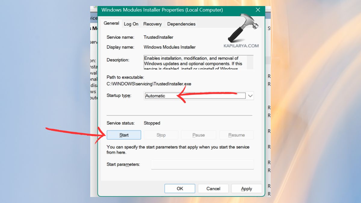 start up automatic for Windows Modules Installer Fix Windows 11 25H2 update stuck at downloading