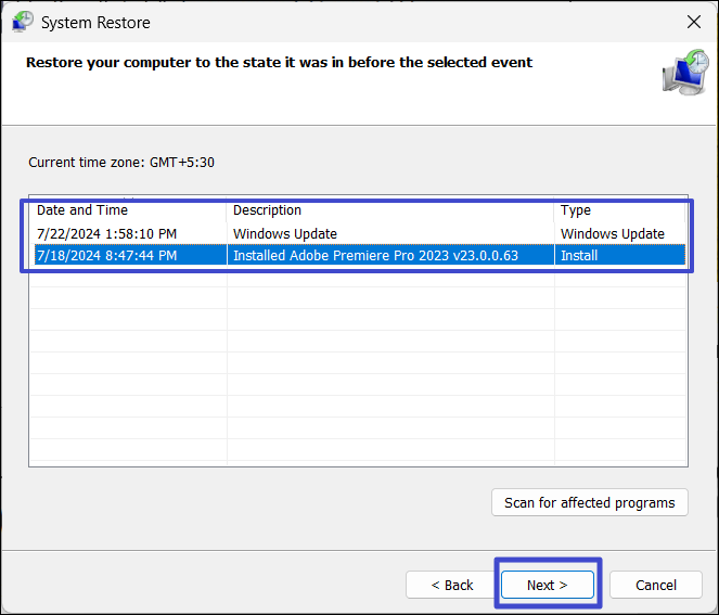 Select a restore point