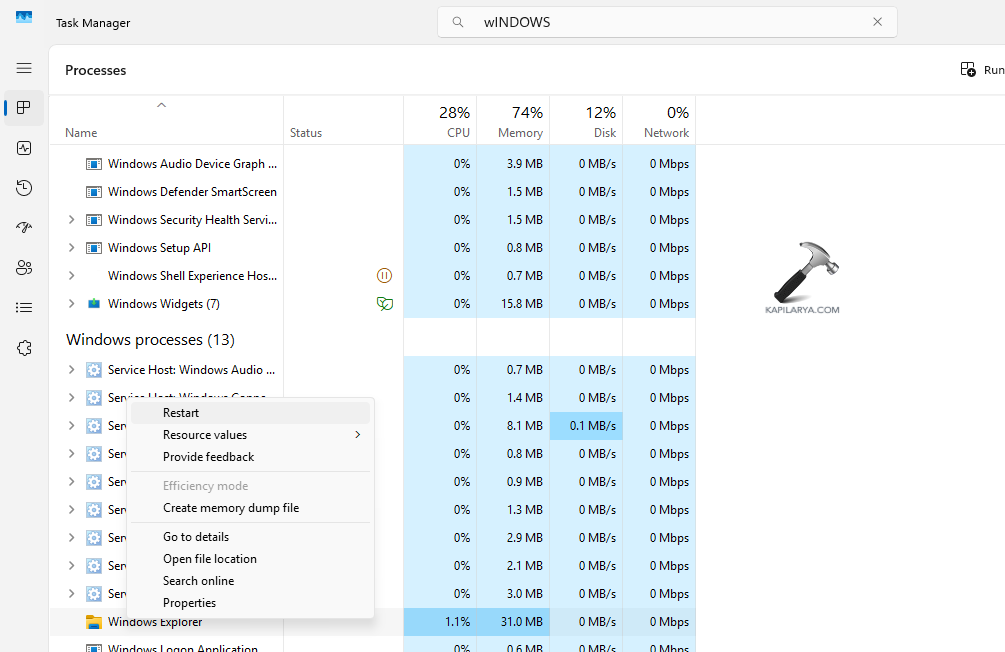 Restarting Windows Explorer