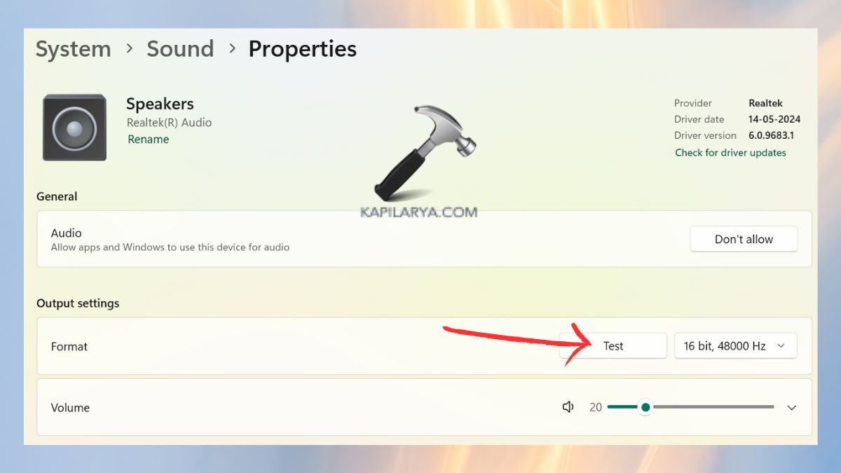 test sound from sound properties