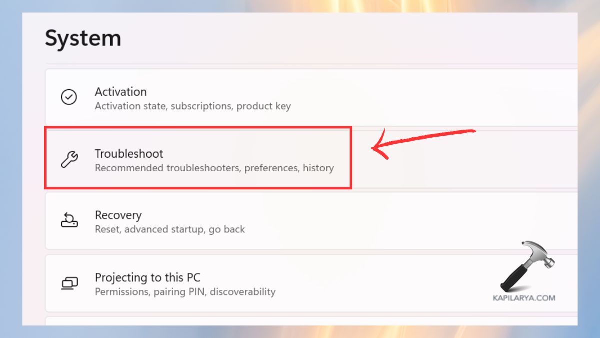 troubleshoot option in system settings
