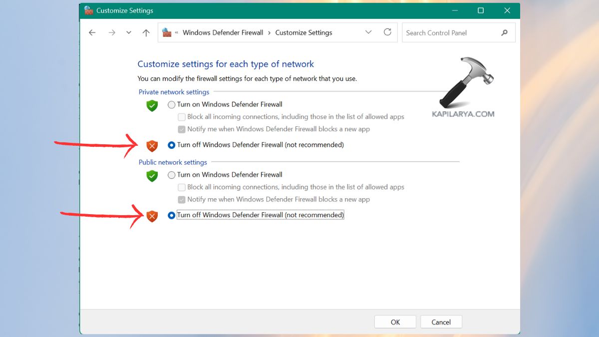 turn off windows defender firewall Fix 'The remote device or resource won't accept the connection' in Windows 11