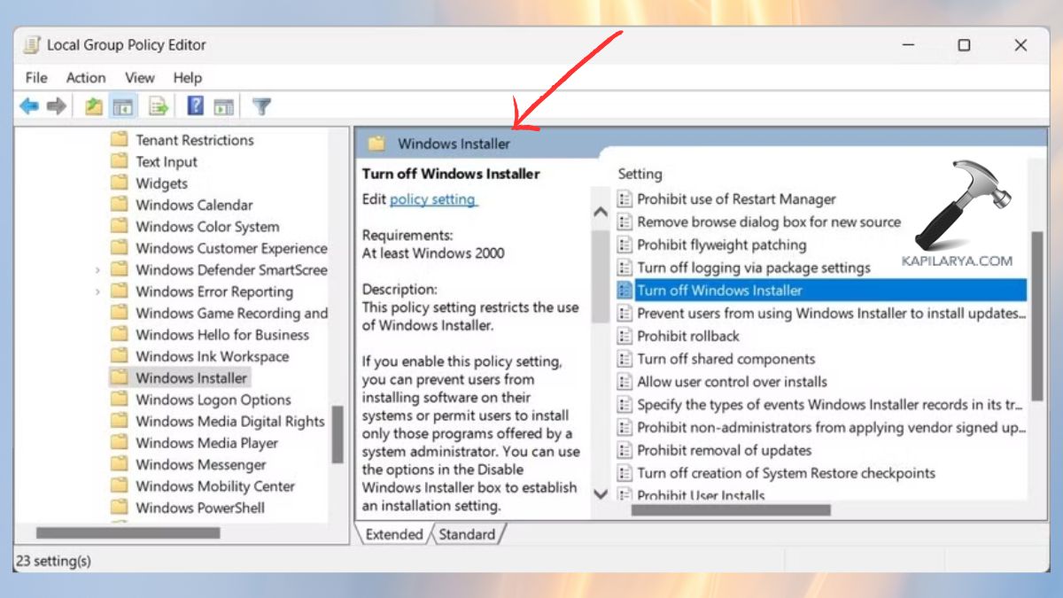 turn off windows installer group policy