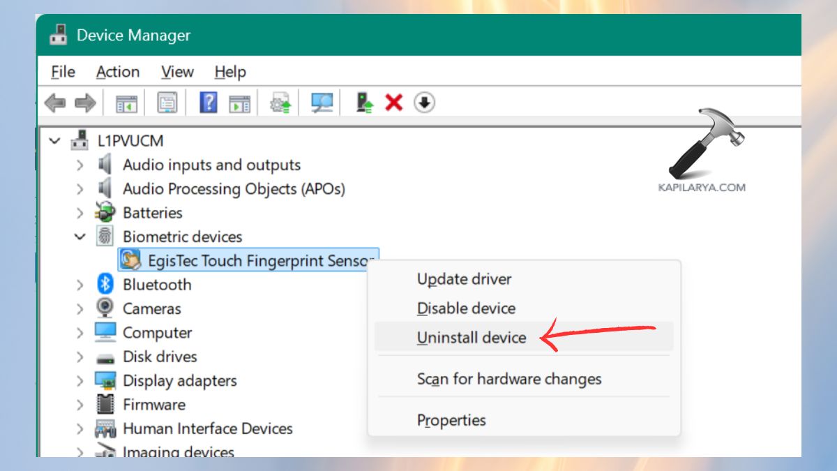 uninstall device fingerprint sensor in device manager How to remove fingerprint from Windows 11