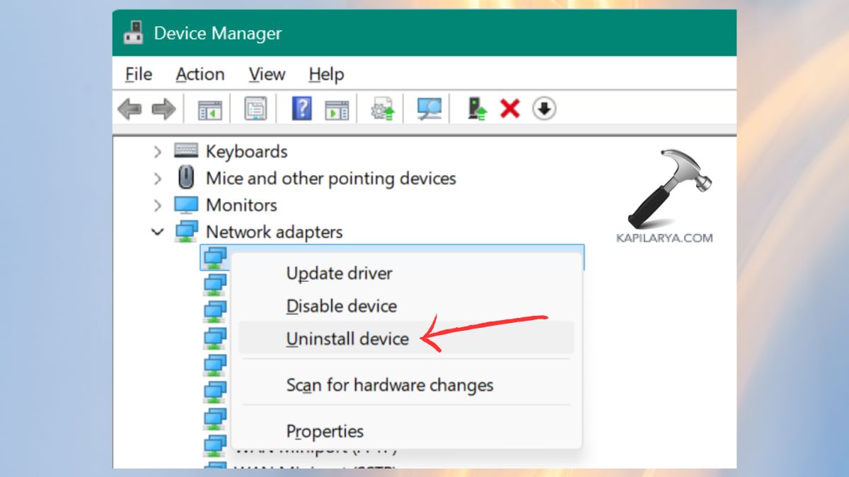 uninstall driver of network adapters in device manager