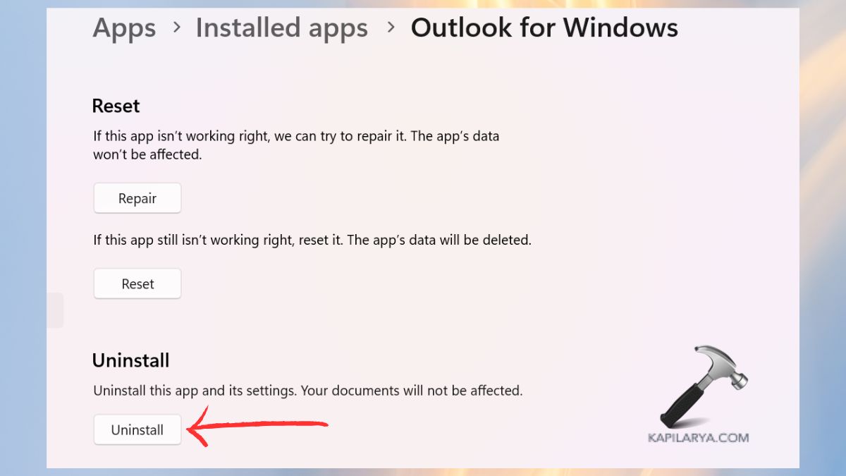 uninstall outlook for windows