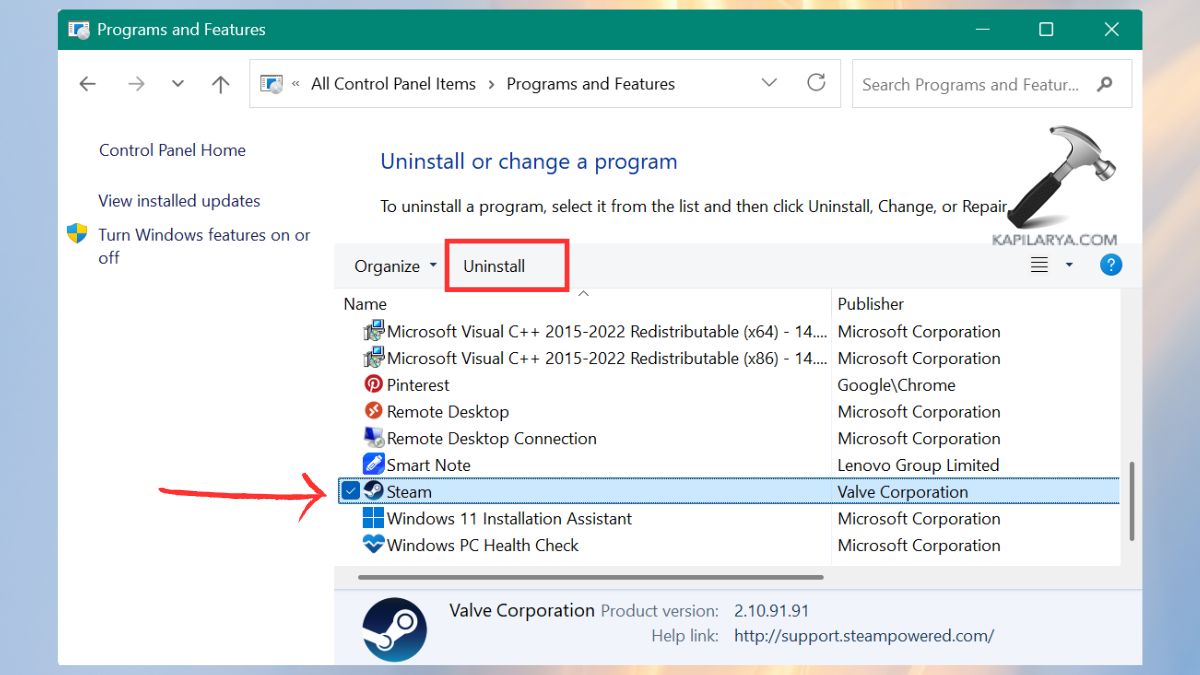 uninstall steam in programs and features