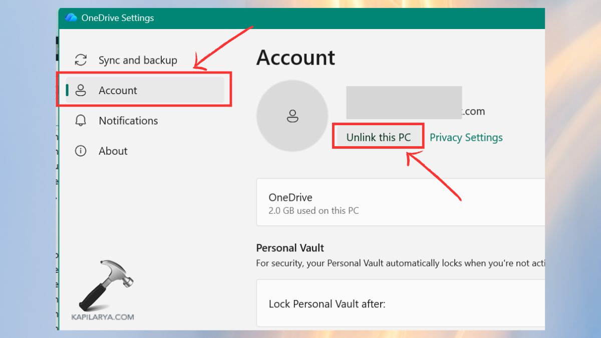 unlink this pc in onedrive settings