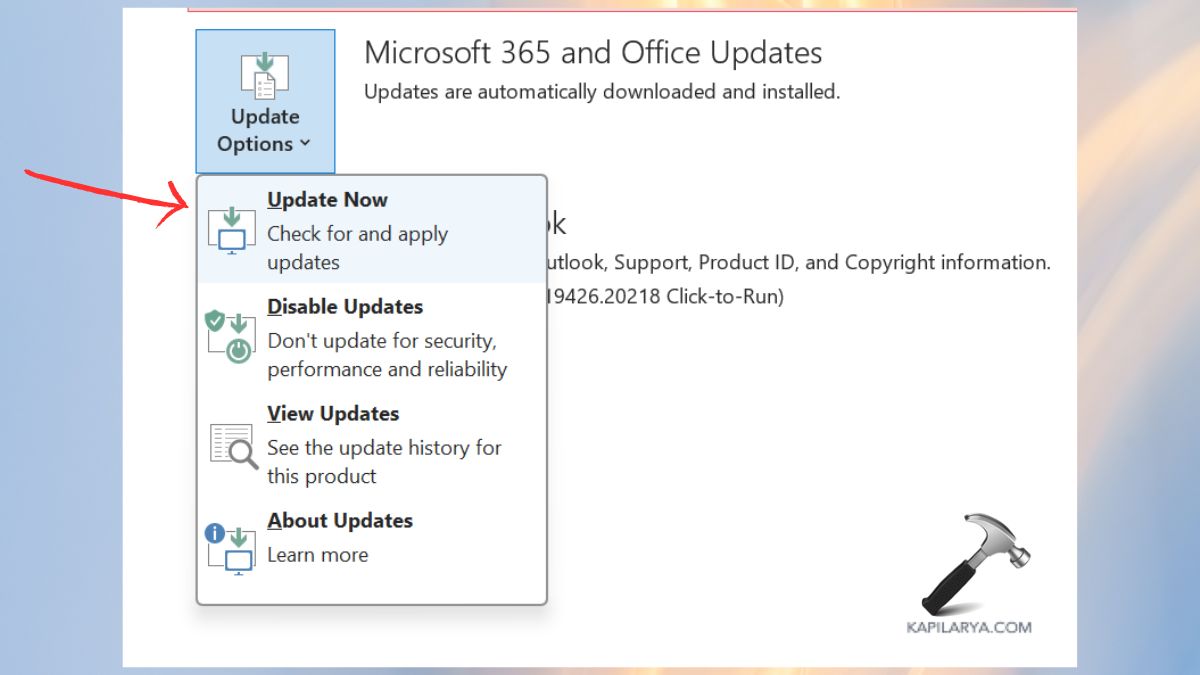 update now option in outlook