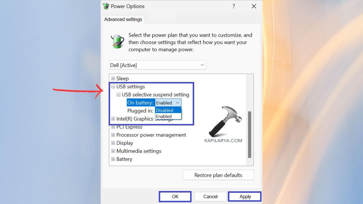 usb settings disabled power options
