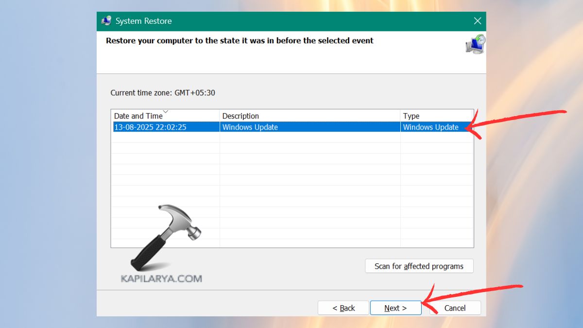 windows update system restore